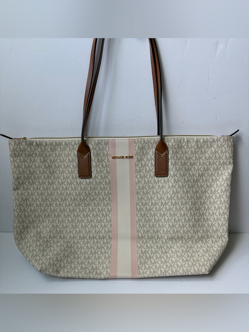 Michael Kors "Eva" Large Zip Tote- Vanilla/Soft Pink Stripe Signature Monogram